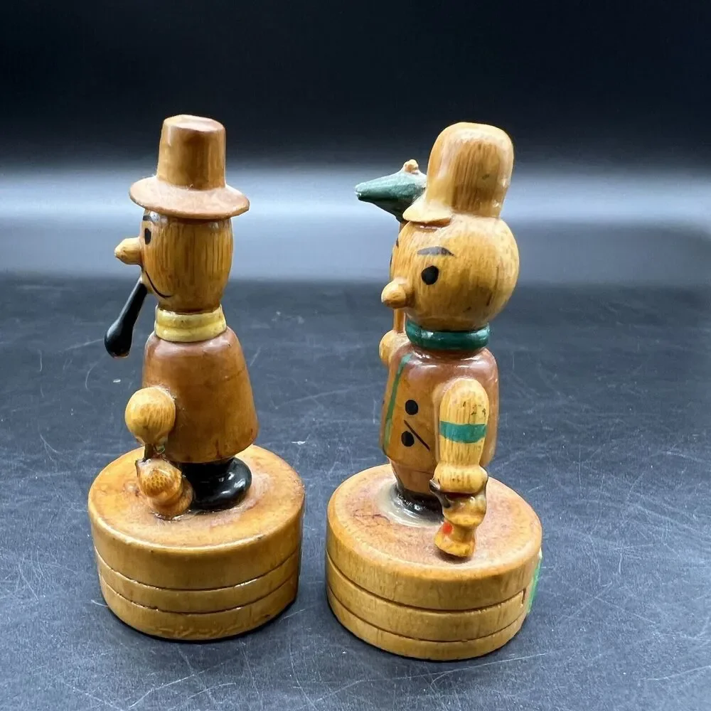 Vtg 2 Wood Handpainted Pencil Sharpeners Pipe Tophat Hiking Staff Midievel Tool